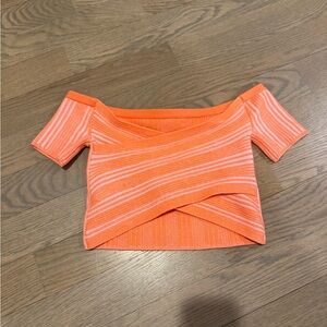 Orange Striped Off-Shoulder Knit Crop Top
